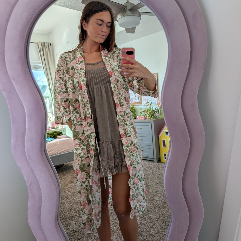 Floral Kimono with Pink and Green Pattern One Size